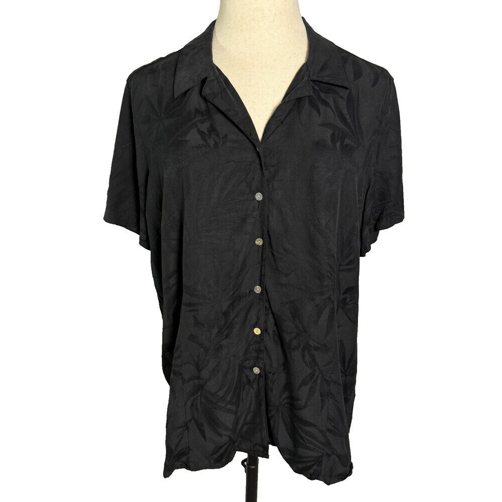 Caribbean Joe Women's 2X Black Silk Blend Button Up Shirt Floral Jacquard Island